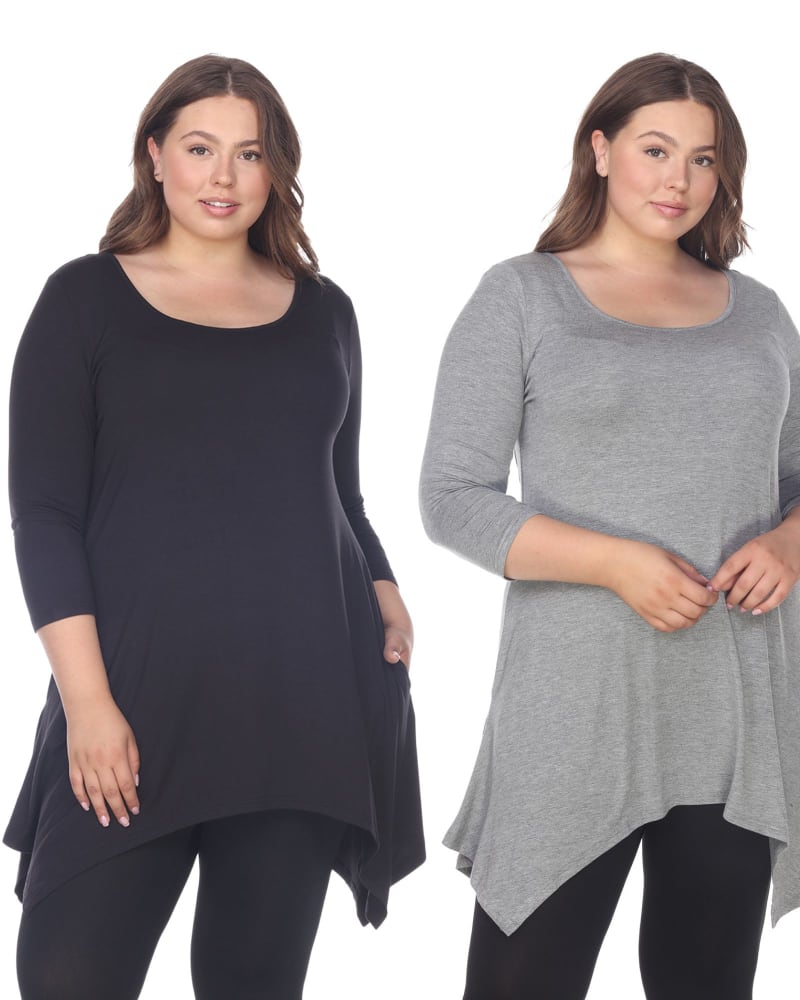 Front of a model wearing a size 4X Essential Makayla 2-Pack Tunic Top in Navy Charcoal by White Mark. | dia_product_style_image_id:249943